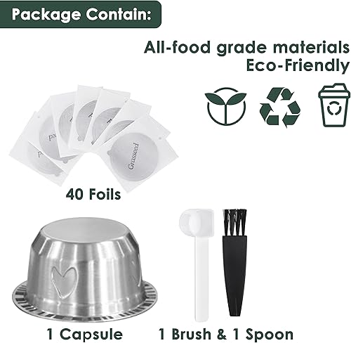 Miniatura 2 de Grasseed Cápsula Vertuo recargable, kit de cápsulas Vertuo de acero inoxidable reutilizable con 40 tapas de aluminio, cuchara, cepillo, preparación