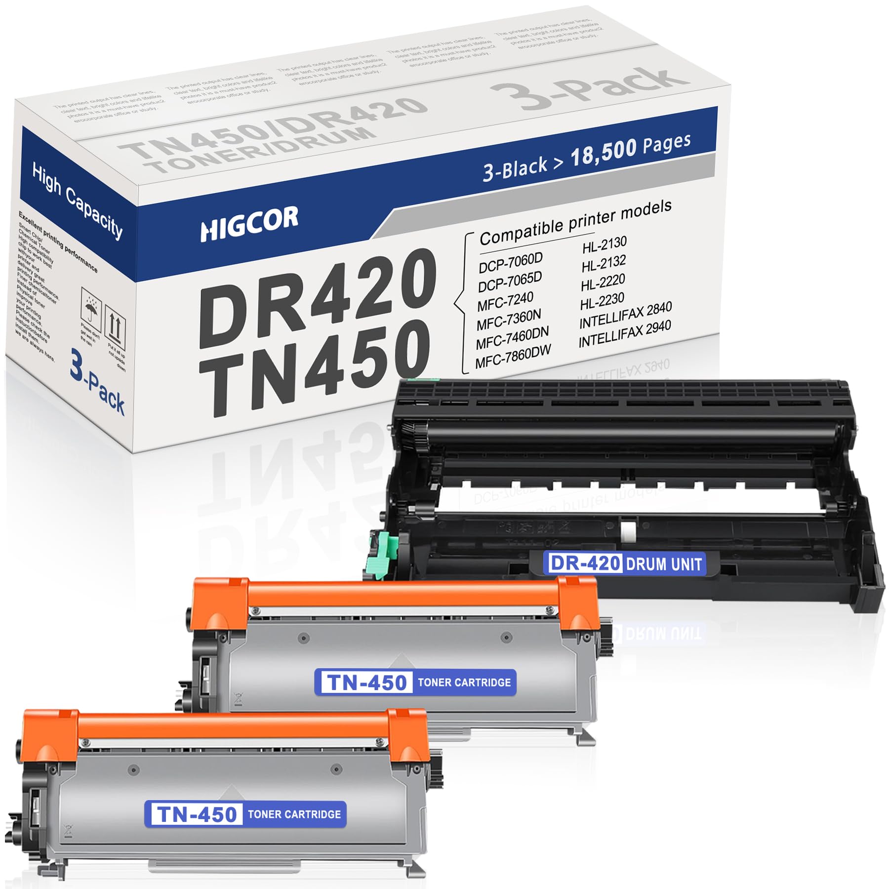 TN450 Toner Cartridge and DR420 Drum Unit Replacement for Brother TN-450 TN-420 DR-420 to use with IntelliFax-2840 IntelliFAX-2940 MFC-7240 HL-2270DW