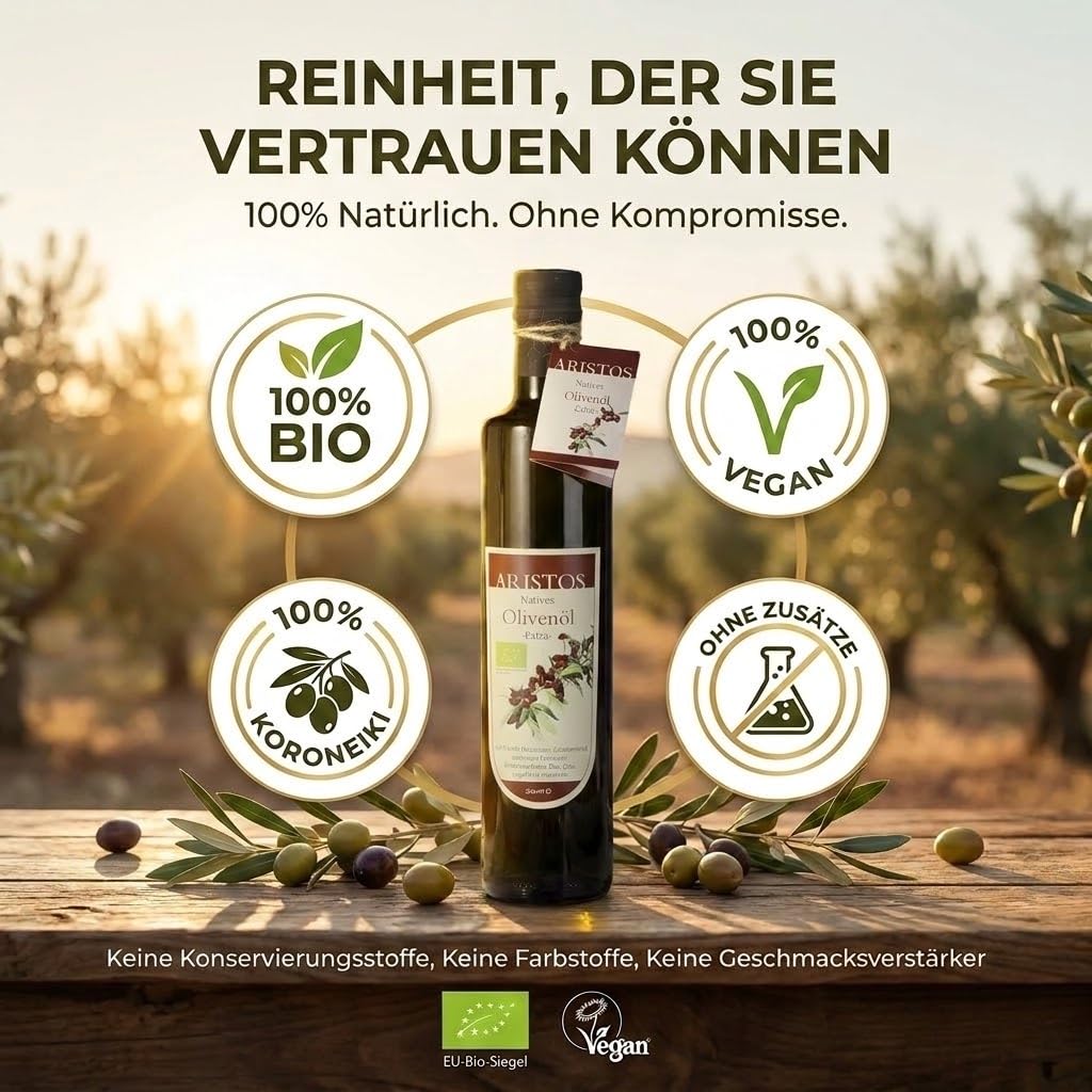 ARISTOS Bio-Olivenöl nativ extra, kaltgepresst – 3x 500 ml Koroneiki-Olivenöl naturtrüb, direkt vom Erzeuger - Premium-Qualität, handgeerntet, ungefiltert, vegan & nachhaltig - Griechenland (Messinia)