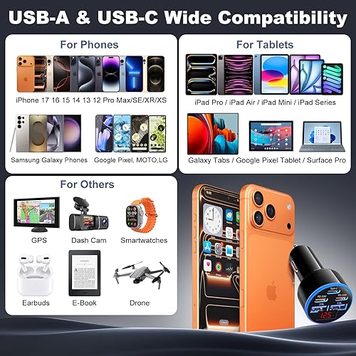 Miniatura 7 de OKRAY - Cargador de coche USB C de 5 puertos de 90 W, paquete de 3 unidades de carga súper rápida PD30W 12 V, adaptador de encendedor de cigarrillos