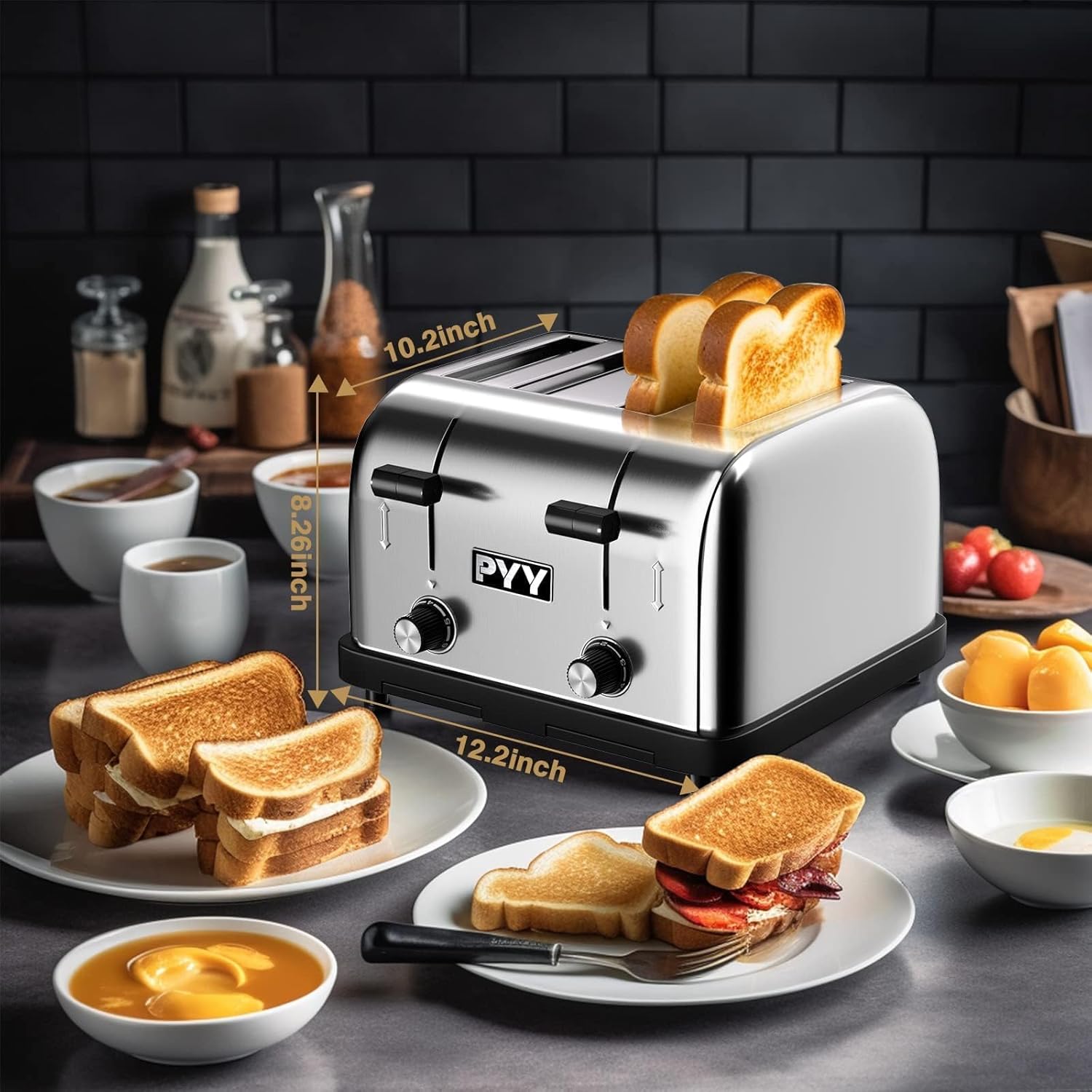 PYY Commercial Toaster 4 Slices - 225 Slices/Hour Stainless Steel Silver Bread Toaster, 1800W with 6 Speed Level, Dual Controls and Removable Crumb Tray, for Family and Commercial