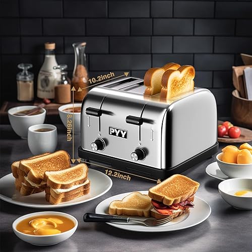 Miniatura 2 de PYY Tostadora comercial de 4 rebanadas 225 rebanadashora de acero inoxidable tostadora de pan plateado, 1800 W con 6 niveles de velocidad,