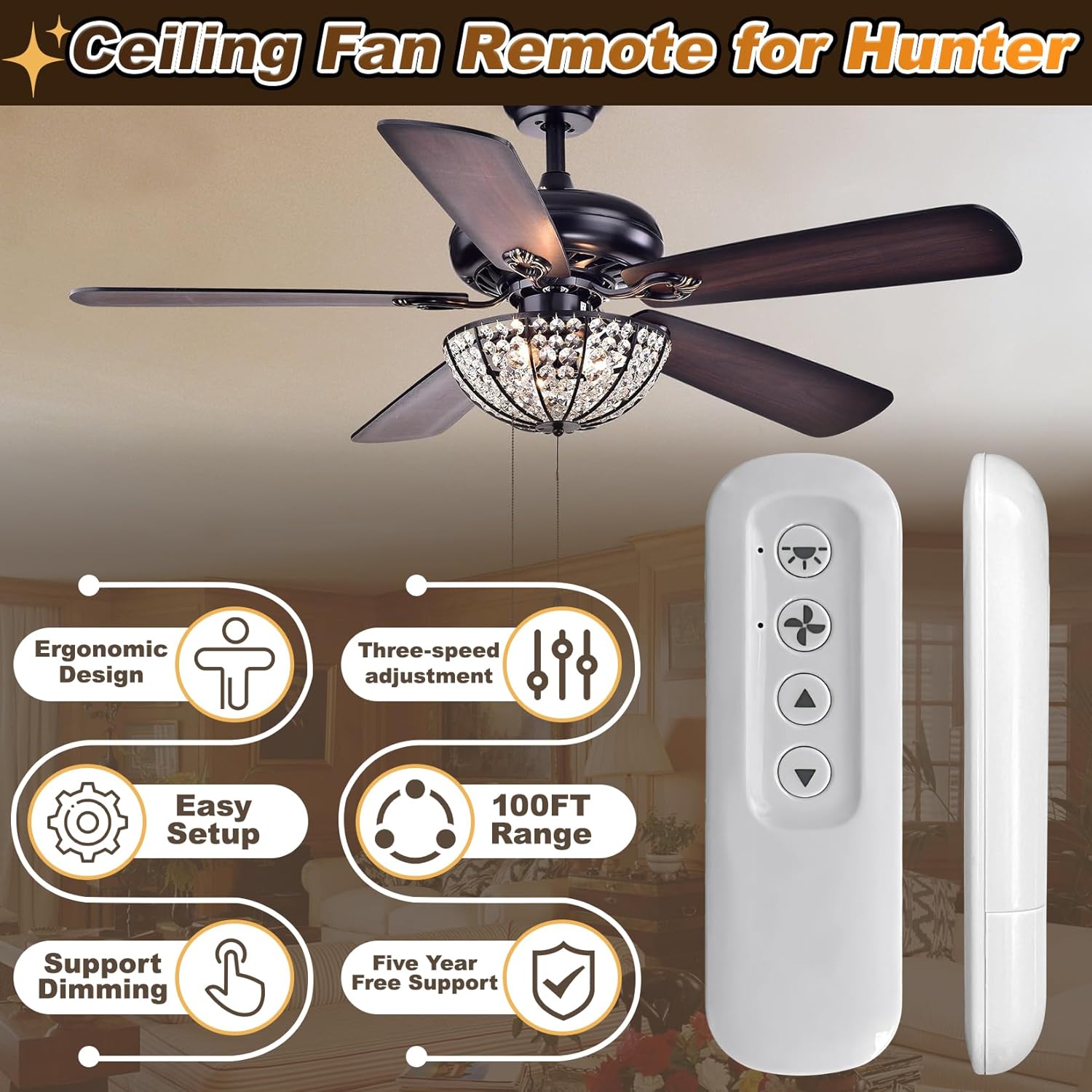 99813 for Hunter Fan Remote Replacement Only Fit for 434MHz 3-Speed 99814 and 99106 Hunter Fan Receivers, 3-Speed Ceiling Fan Hand Control, Dove Grey, Five Year Free Replacement(Holder not Included)