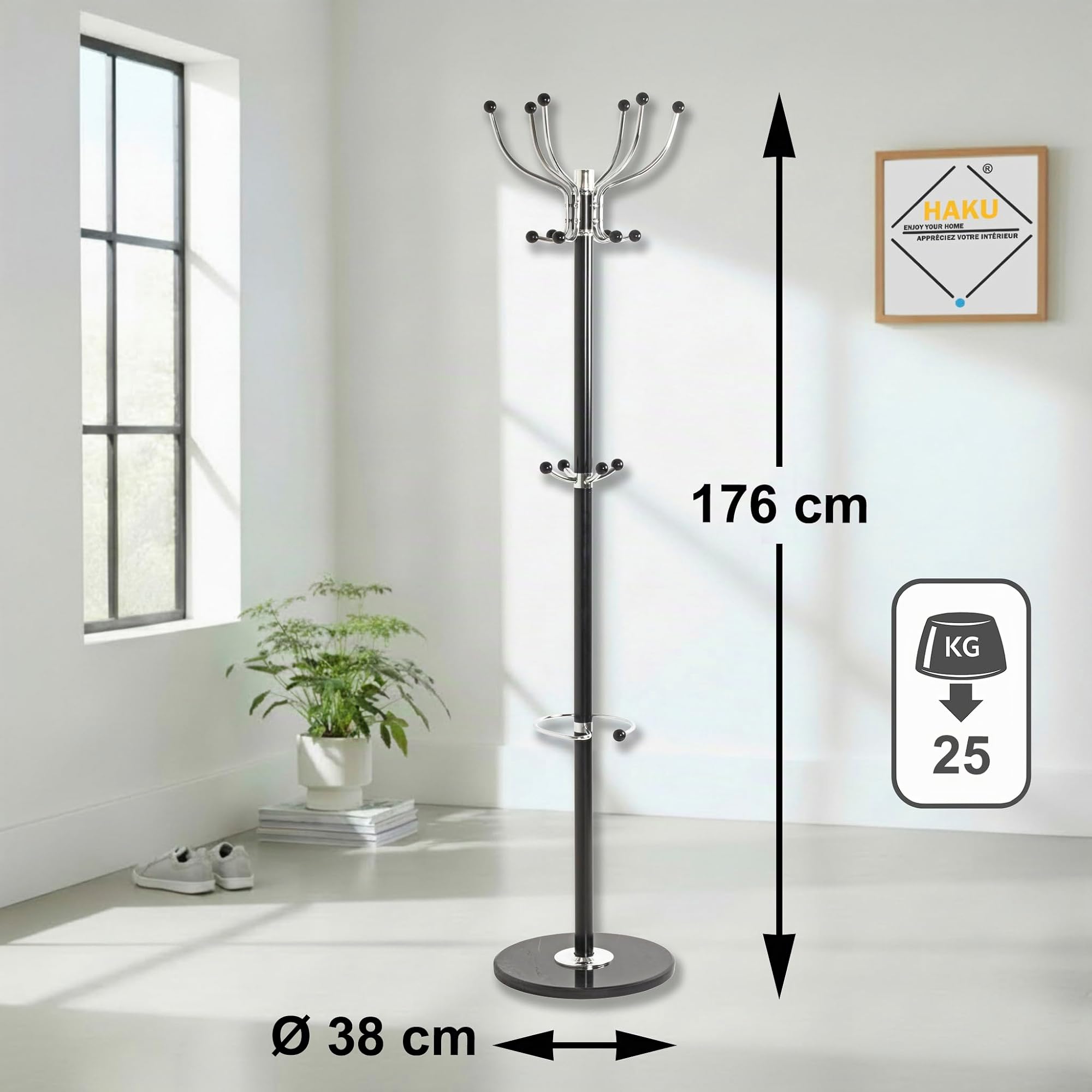HAKU Perchero cromo, negro, Mármol, metal - Dim.: AL 176 cm x diámetro 38 cm, Estilo: Moderno