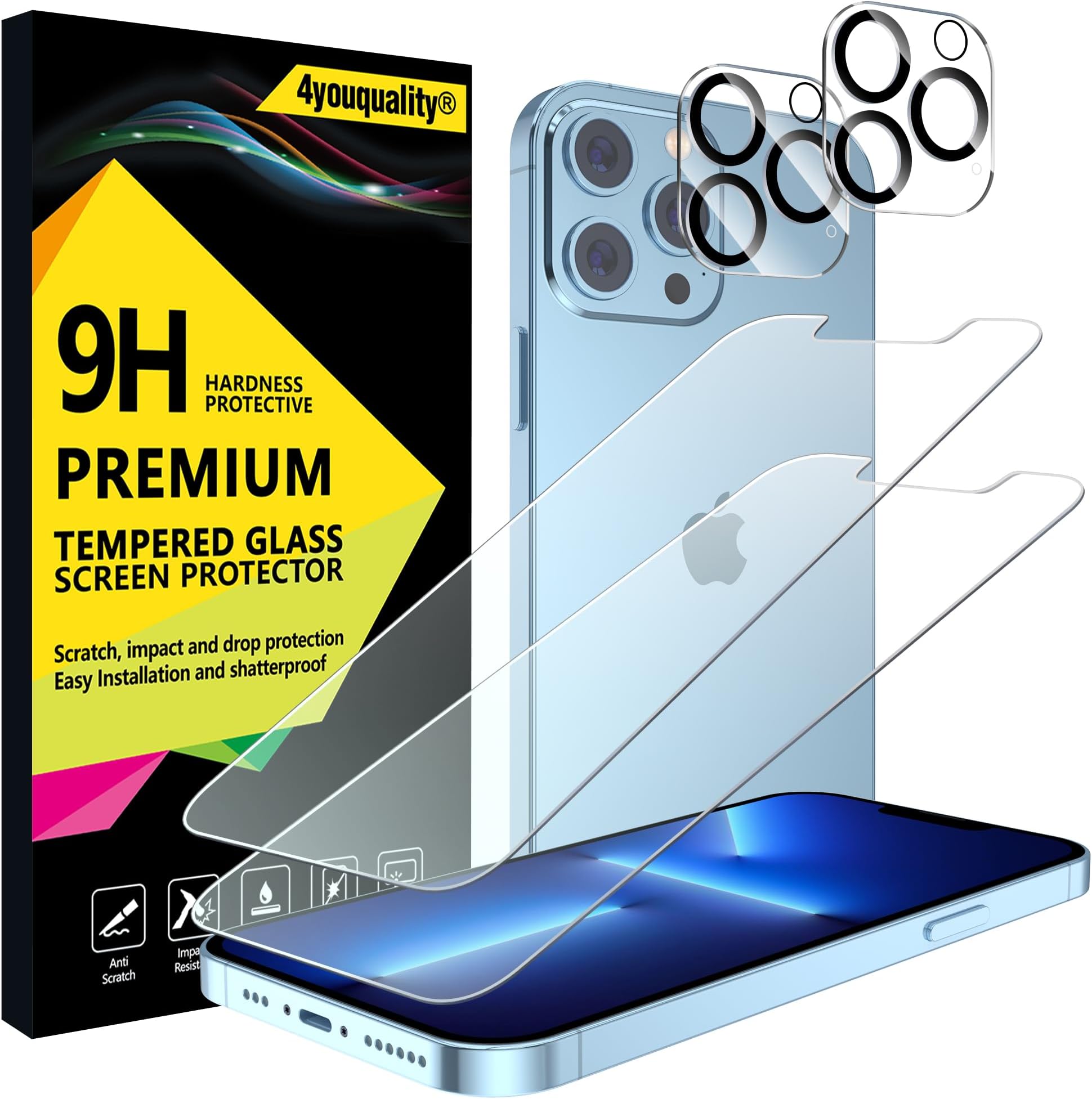 4youquality Screen Protector for iPhone 13 Pro Max with Camera Lens Protector, Tempered Glass Film, 2-Pack Each, [Impact-Resistant][Anti-Scratch][Anti-Shatter][Ultra-Clear]