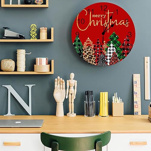 Miniatura 6 de Reloj de pared decorativo, silencioso, sin tictac, árbol de Navidad, estampado de leopardo, a cuadros, rojo, reloj de pared redondo de 10 pulgadas