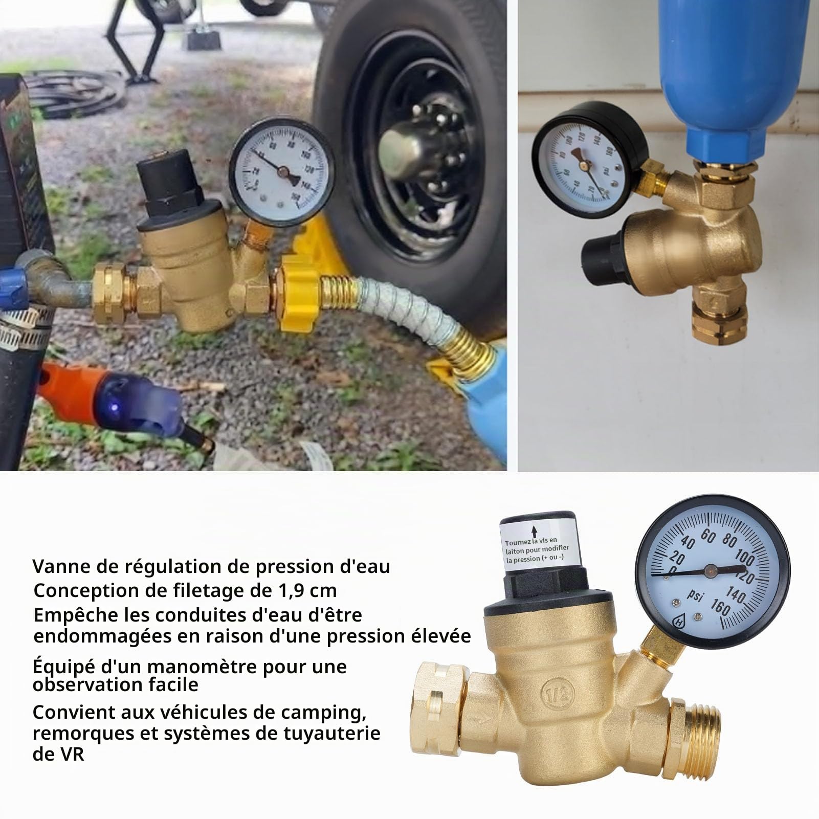 3/4 Pouce Reducteur de Pression Eau, Reducteur de Pression Avec Manometre Pression Eau Et Filtre à Mailles, RéDucteur de Pression D'Eau En pour Robinets D'Irrigation de Jardin de Chauffage au Gaz