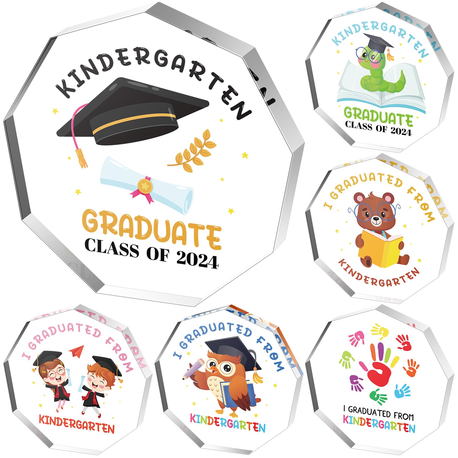Photo 1 of 2 Piece Bundle Set.6 Pcs 2024 Graduation Trophy Award 4 x 4 Inch Acrylic Award Trophies Plaques Class of 2024 Graduation Gifts for School Students Kids Kindergarten Graduation Party Supplies(Kindergarten)