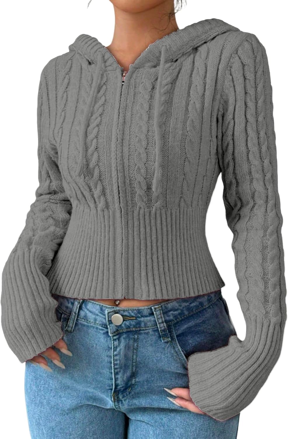 SOLY HUX Women's Crop Cardigan Sweater Cable Knit Zip Up Hoodies Long Sleeve Fall Jacket Y2k Outerwear