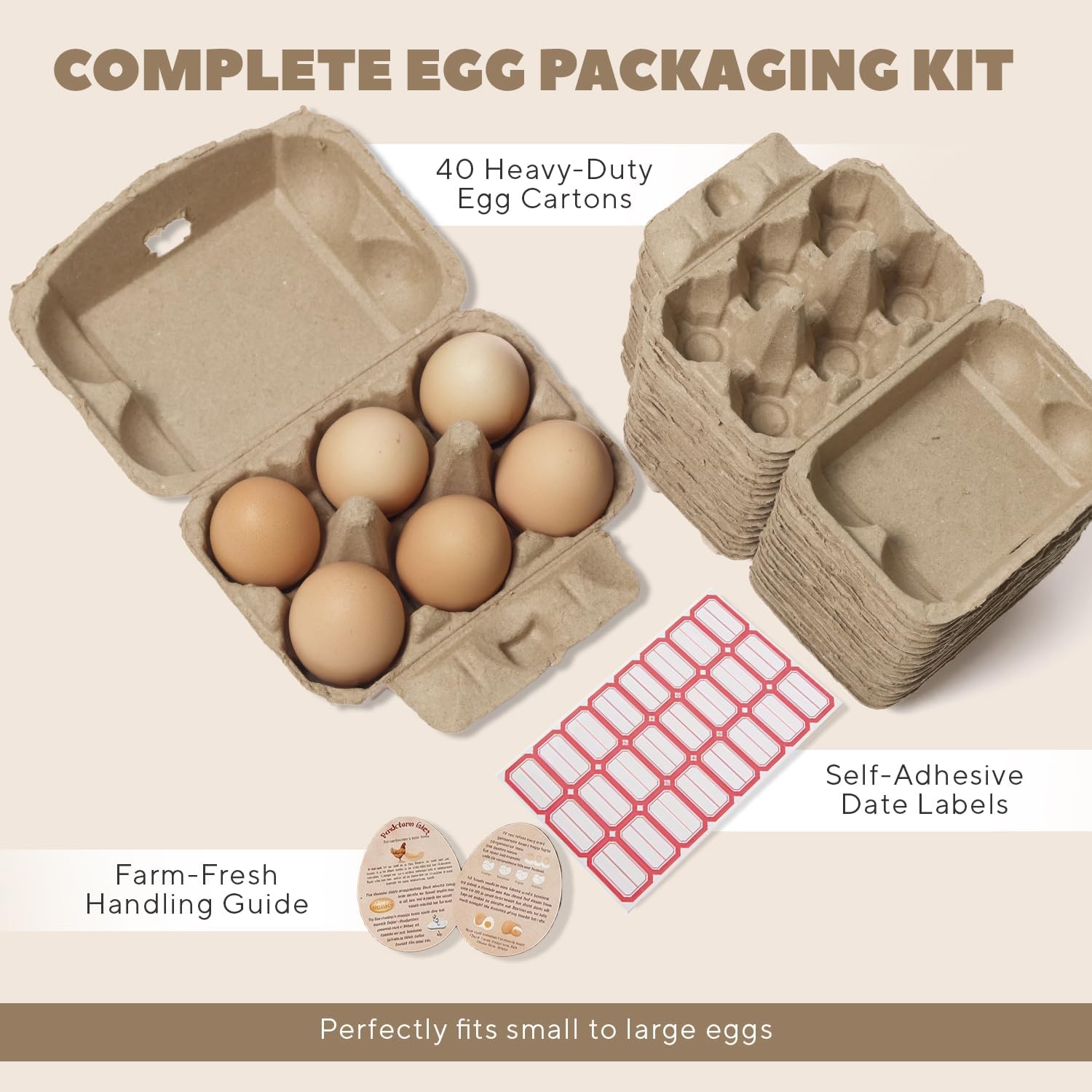 Jsons 40 Pack Natural Paper Pulp Egg Cartons Bulk 6 Count Reusable Egg Container for Half Dozen Eggs, Sturdy Design made from Natural Recycled Paper.