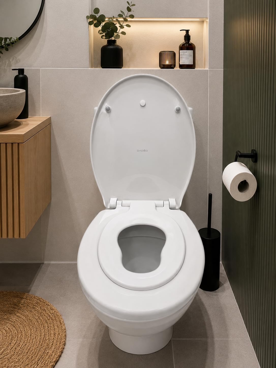 Sedile WC familiare 2 in 1 con riduttore magnetico per bambini, chiusura morbida e fissaggi regolabili, rimozione rapida (forma O)