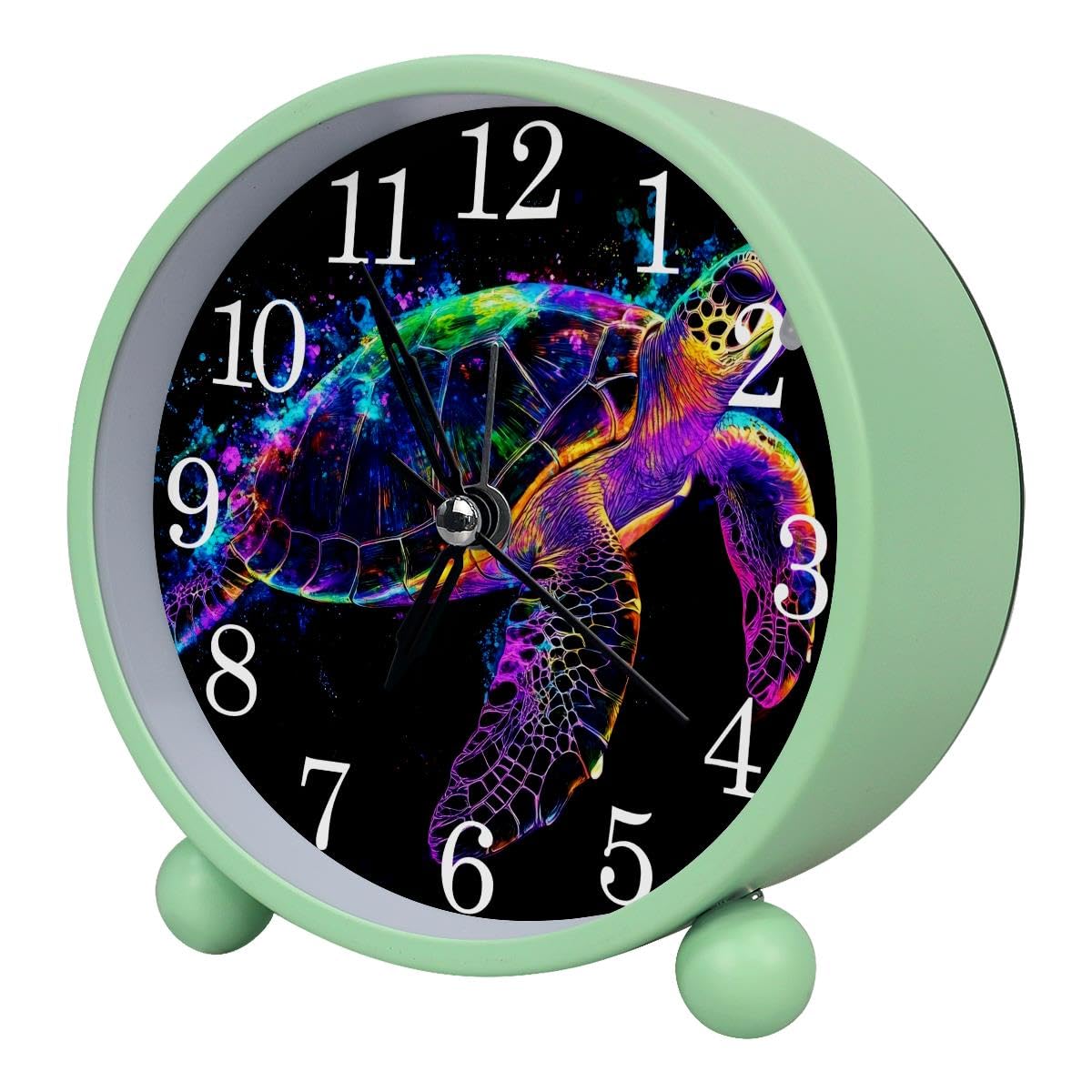 Luoweisi Alarm Clock Neon Turtle, Silent Non-Ticking with Night Light, Round Metal Alarm Clock for Office, Battery Operated, Bedroom, Elderly, Adults, Children, Student Gifts