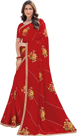 Laxmipati Makhan Malai Red Chiffon Floral Embroidered Saree