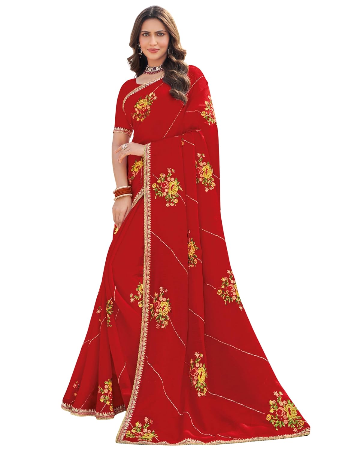 Laxmipati Makhan Malai Red Chiffon Floral Embroidered Saree