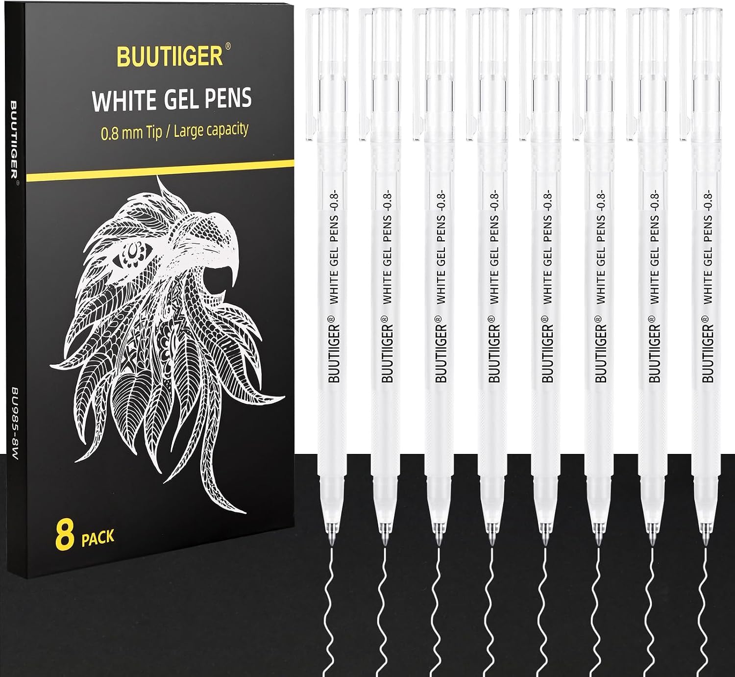 0.8mm White Gel Pens, Fine Point Opaque Ink Art Drawing, 8 Pack | Archival permanent white ink for dark paper, perfect for Drawing & Sketching, Art & Illustration and card making