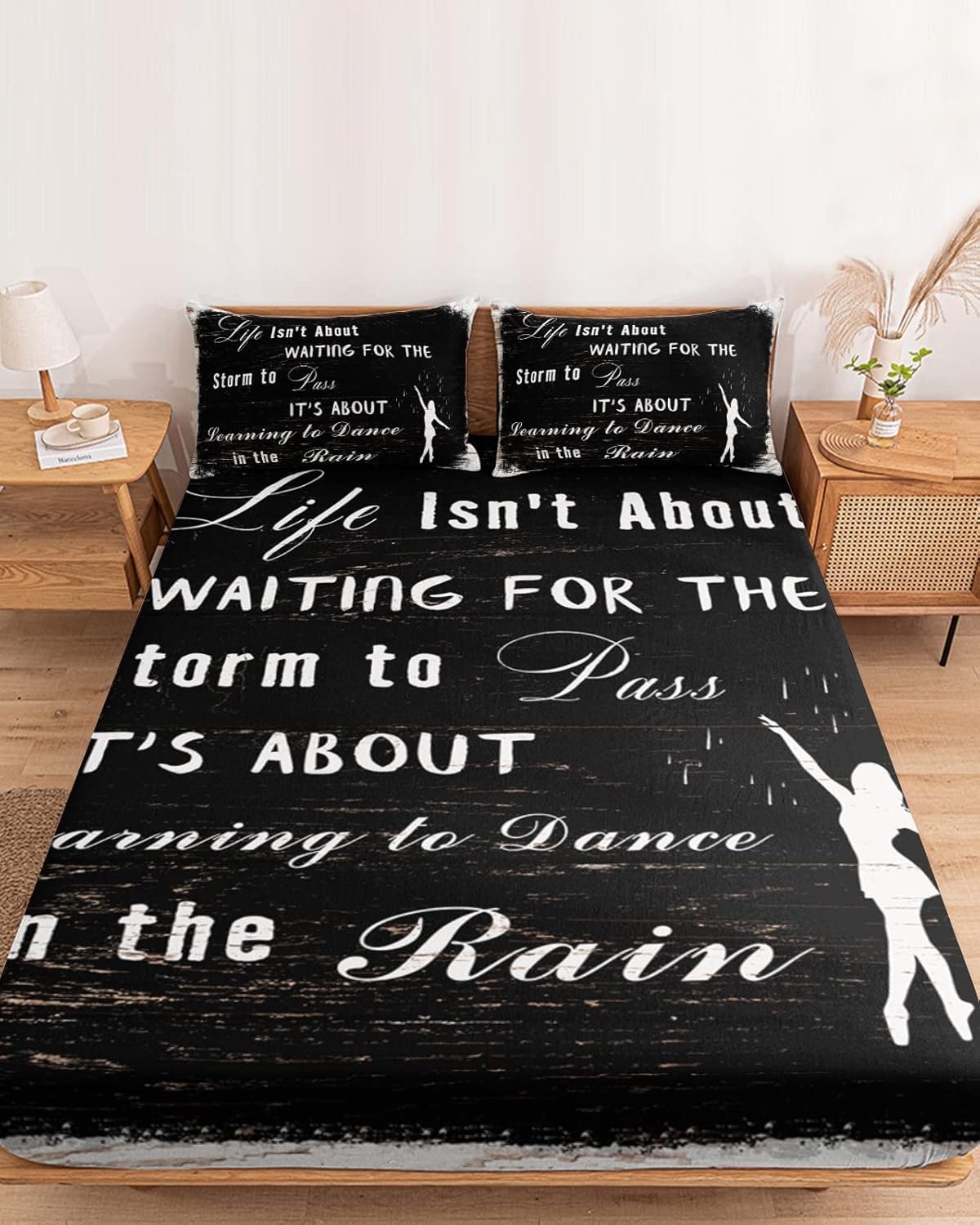 Twin XL Fitted Bed Sheet Set Shabby Chic Wooden Grain with Motivational Words Bedsheet & Pillowcase Sets-1 Deep Pocket Elastic Bedspread for 16In Mattress with 1 Decorative Pillowcase Black