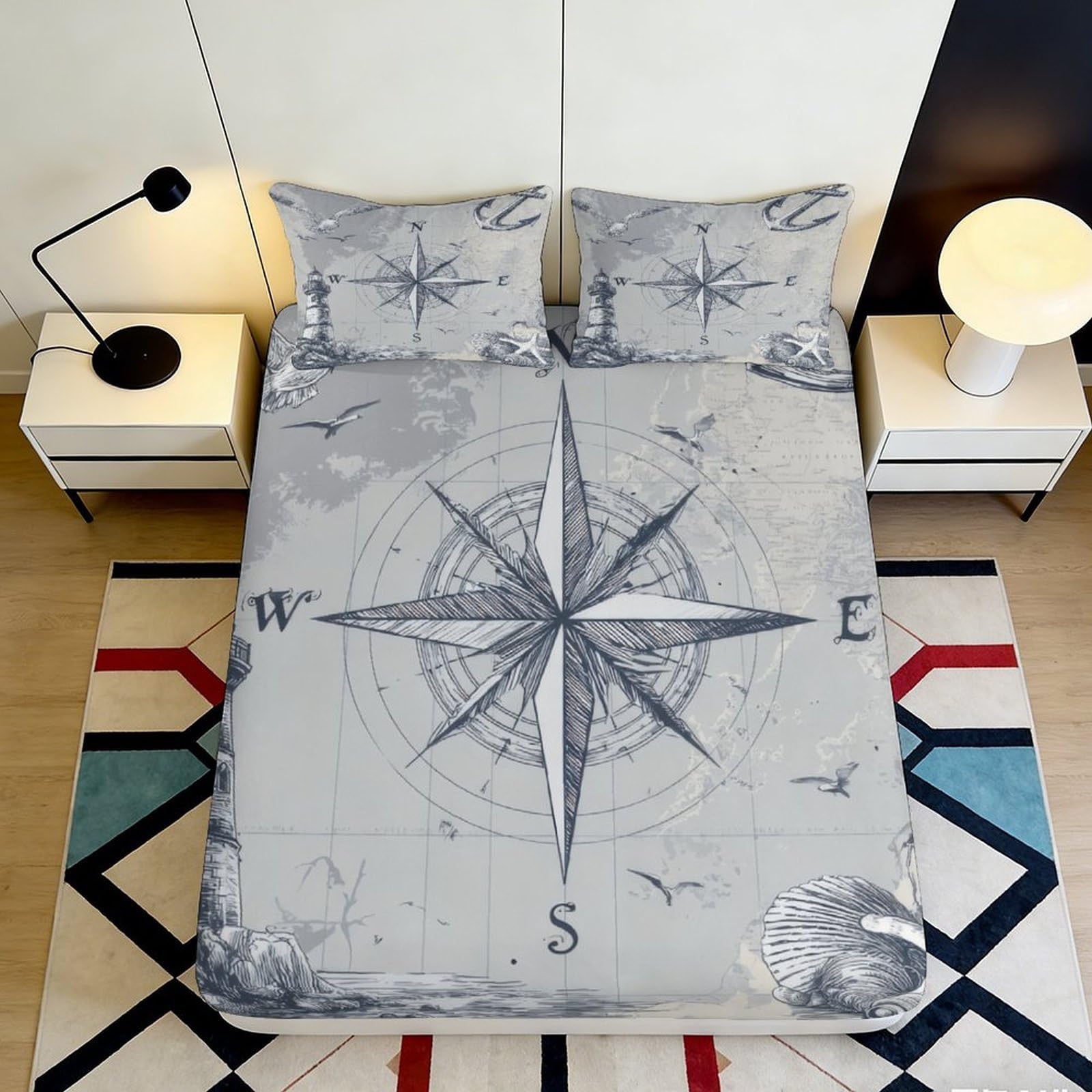 3D Printed Nautical Compass Fitted Sheet Microfiber Soft Breathable Ocean Map Bed Cover for Bedroom Dormitory Guest Room Mattress Protection Decor 180x200x25cm