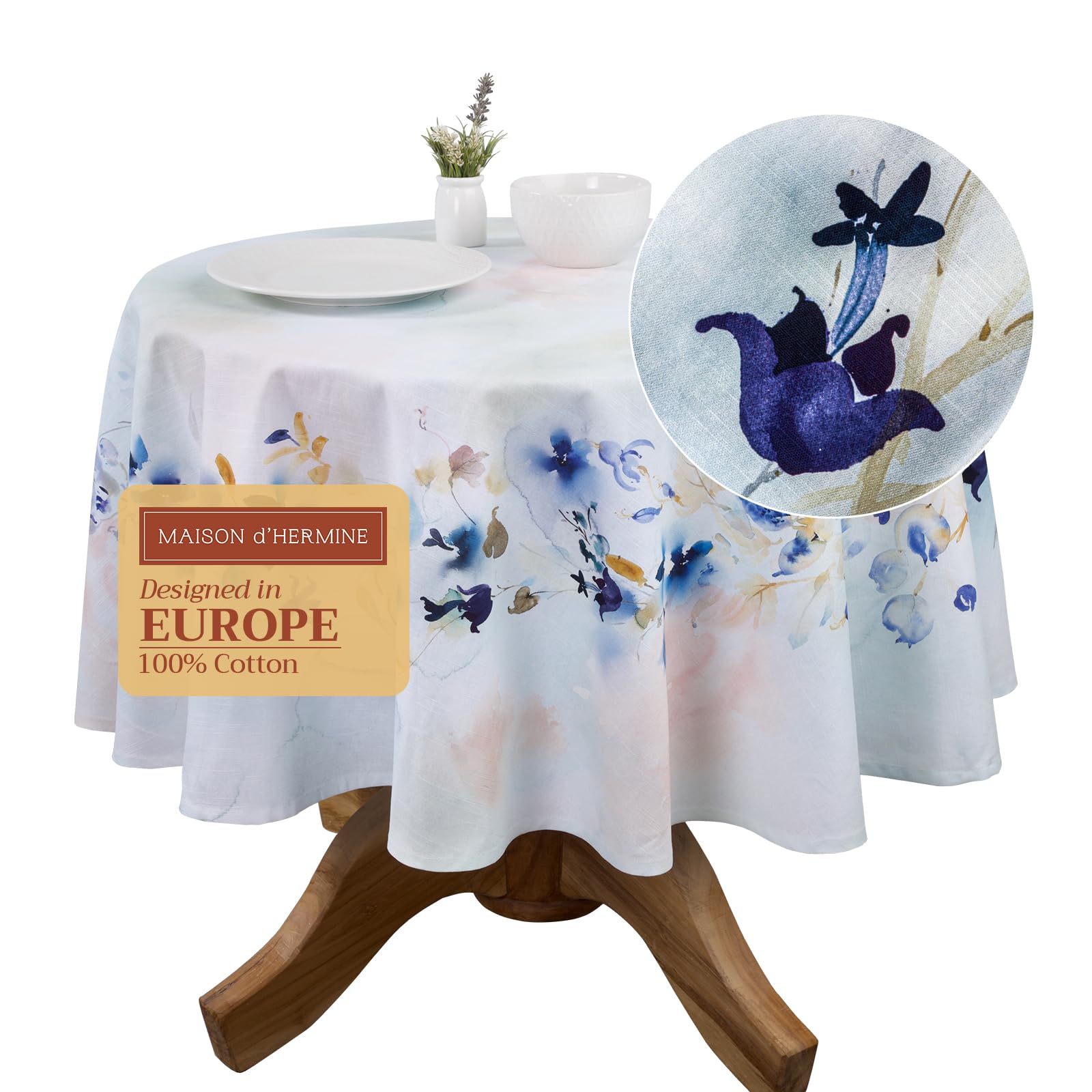 Maison d' Hermine Table Cloth Round Table 100% Cotton 69 Inches Tablecloth Reusable Decorative Everyday Use for Dining Room, Farmhouse, Home, Party,