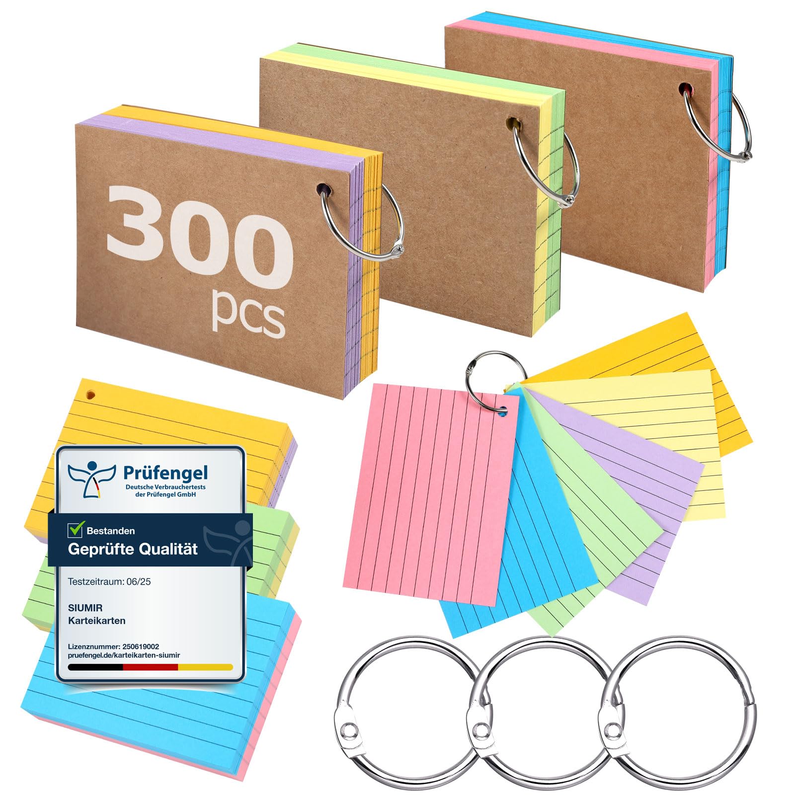 Siumir 300 Stücke Karteikarten, Doppelseitiger Druck, A7 Lernkarten, mit Krafteinband und Loseblattring, Sechsfarbige Linierte Karteikarte, geeignet für Büros & Wohnungen & Schulen (10,4 x 7,6 cm)