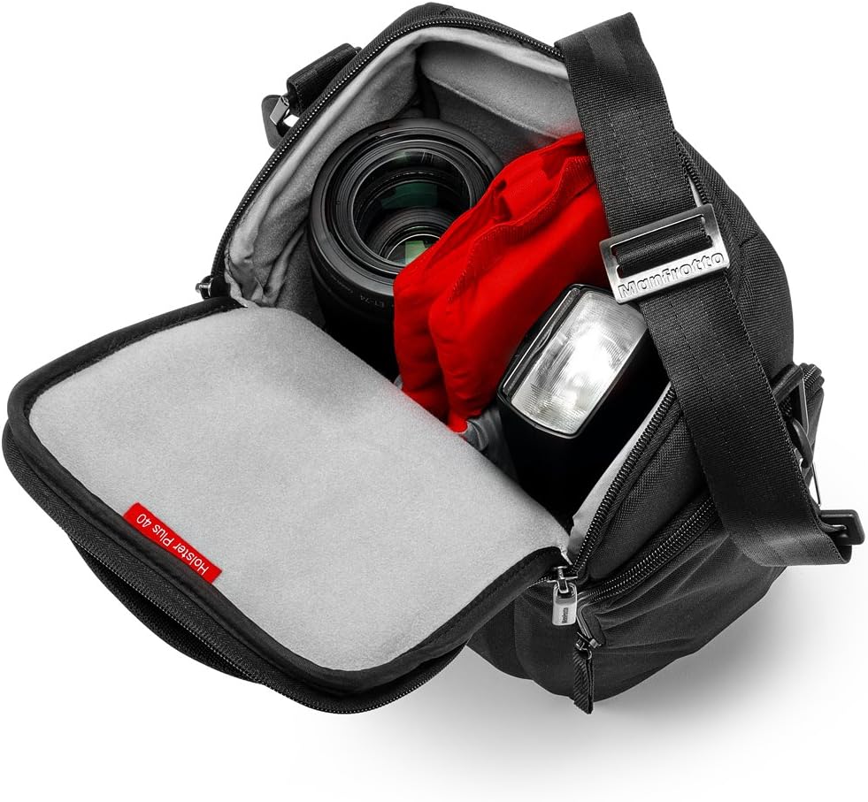 Top-down view of the Manfrotto Pro Holster Plus 40 bag with a camera, lens, and flash stored inside.