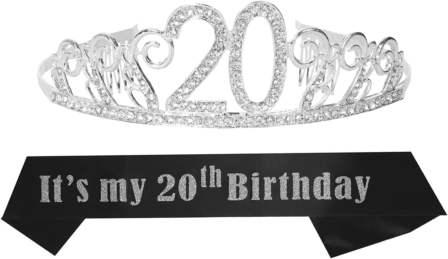 20th Birthday Sash and Tiara for Women - Fabulous Set: Glitter Sash + Waves Rhinestone Silver Premium Metal Tiara for Women, 20th Birthday Gifts for 20th Birthday Party