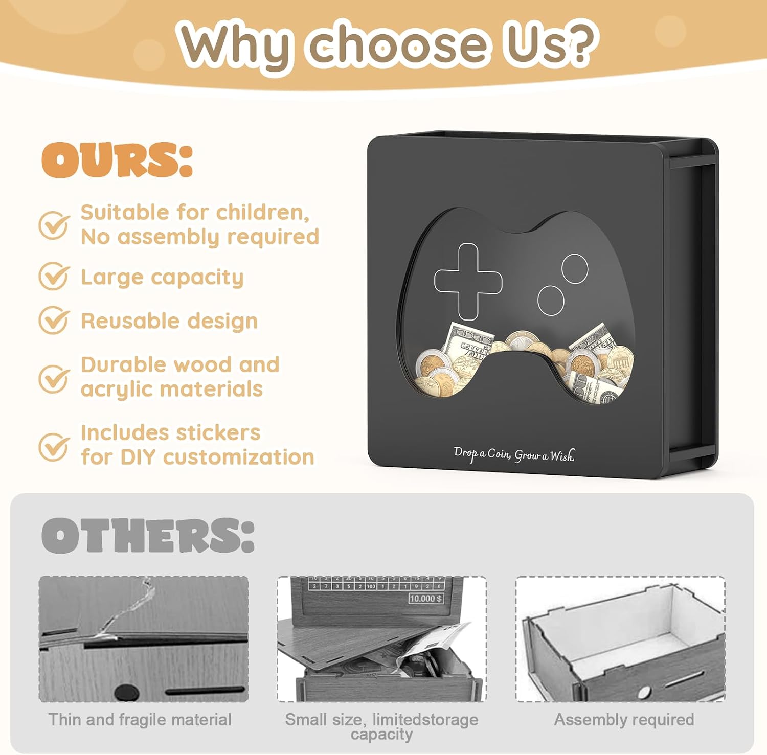 Summidate Kids Piggy Bank, Wooden Framed Money Bank with Removable Window image 5