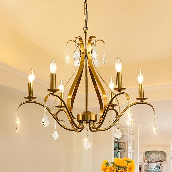 24" Gold Chandelier Light Fixture Farmhouse: 6-Light Crystal ...