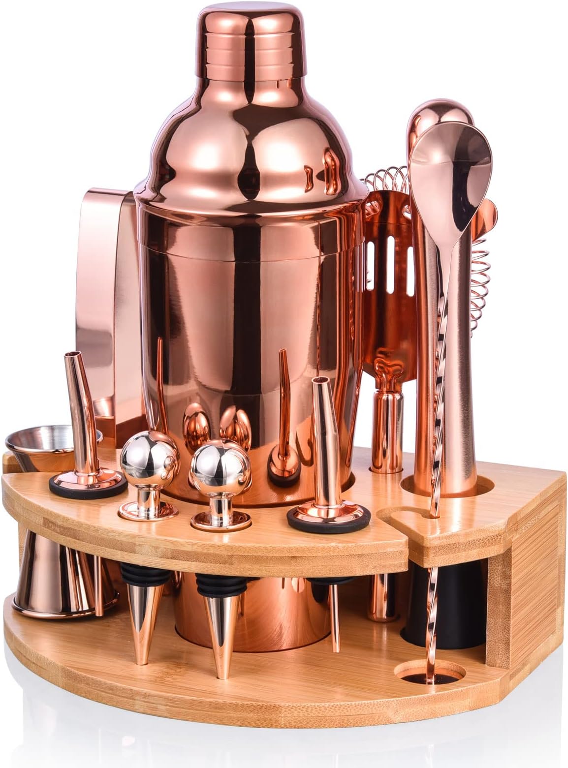 Esmula Bartender Kit with Stylish Bamboo Stand, 12 Piece 25oz Cocktail Shaker Set for Mixed Drink, Professional Stainless Steel Bar Tool Set, Gift for Man Dad- Cocktail Recipes Booklet (Rose Gold)