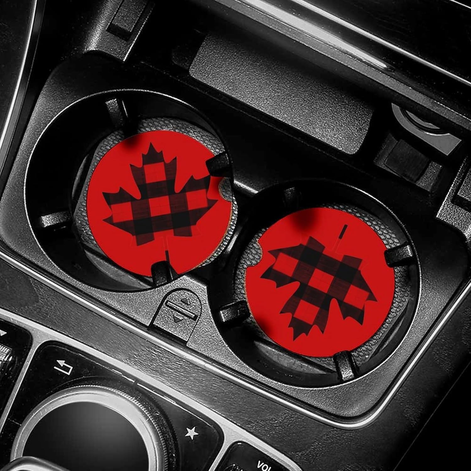 Maple Leaf in Plaid Cute Car Coasters 2.56 Inch Absorbent Cup Holder for Drinks Auto Interior Accessories