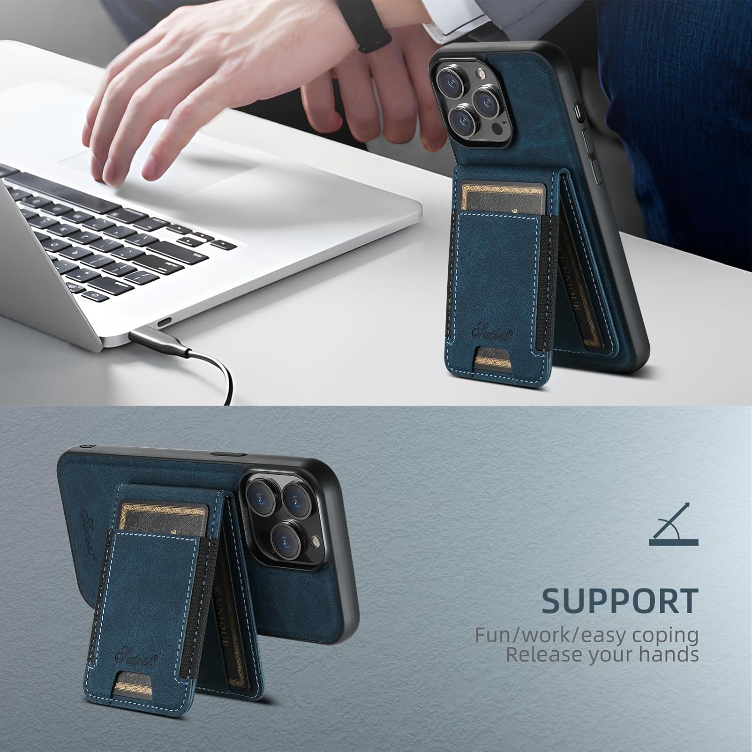 SZHAIYU H17 2 in 1 Detachable Magnetic Wallet Compatible with iPhone 15 Pro Max Case with Card Holder Faux Leather Men Women 6.7'' Kickstand Compatible with MagSafe (Blue,IP 15 Pro Max)