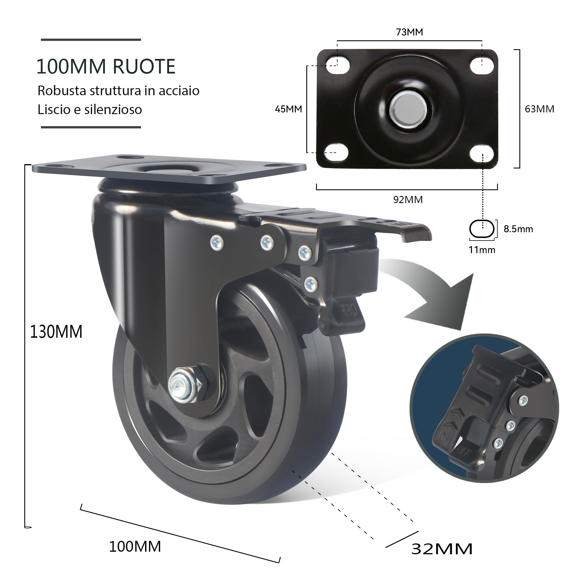 Ruote per Mobili Pesanti da 100MM, Ruote per Carrello con Freno Carico 600kg, Set di 4 Rotelle Girevoli per Mobili Rotanti a 360°, Ruota Pesanti Rotelle in PU Silenziose e Resistenti