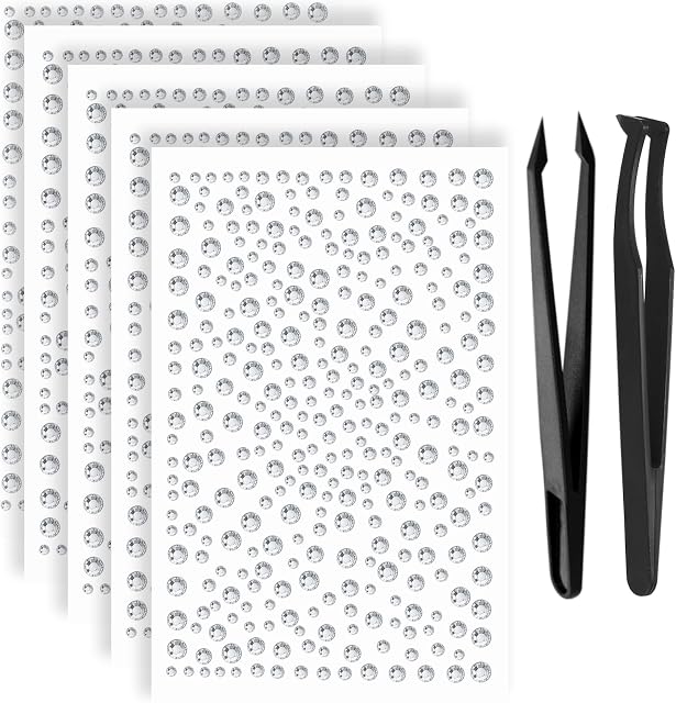 5 Sheets Rhinestones Stickers Self Adhesive, Clear Crystal Stick on Gems Stickers, DIY Diamond Gems Stickers for Nails Face Makeup DIY Craft Festival Decoration Rhinestones Gems, with Tweezers