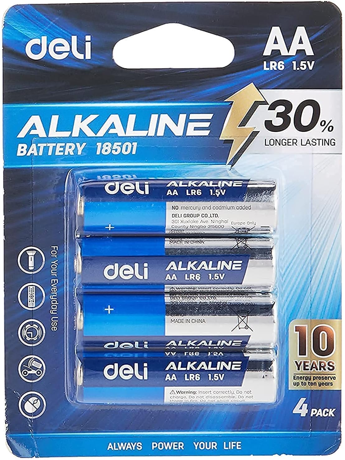 deli LR6 18501 AA Alkaline Battery 4 Pack, Multicolour Buy Online at