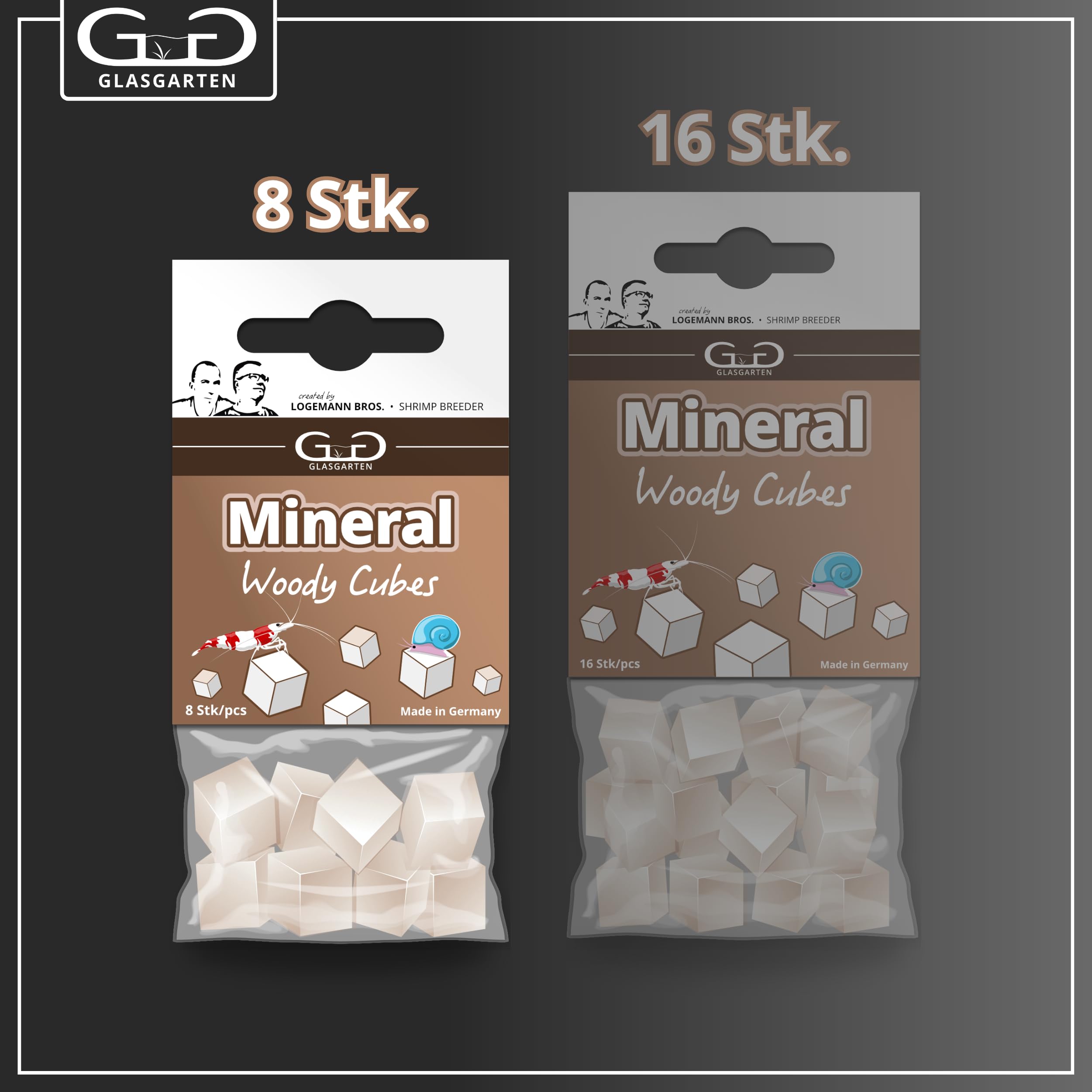 GlasGarten Mineral Woody Cubes | 8 pezzi – Mangime complementare/minerale per gamberetti decorativi, lumache e gamberi con minerali e fibre di legno