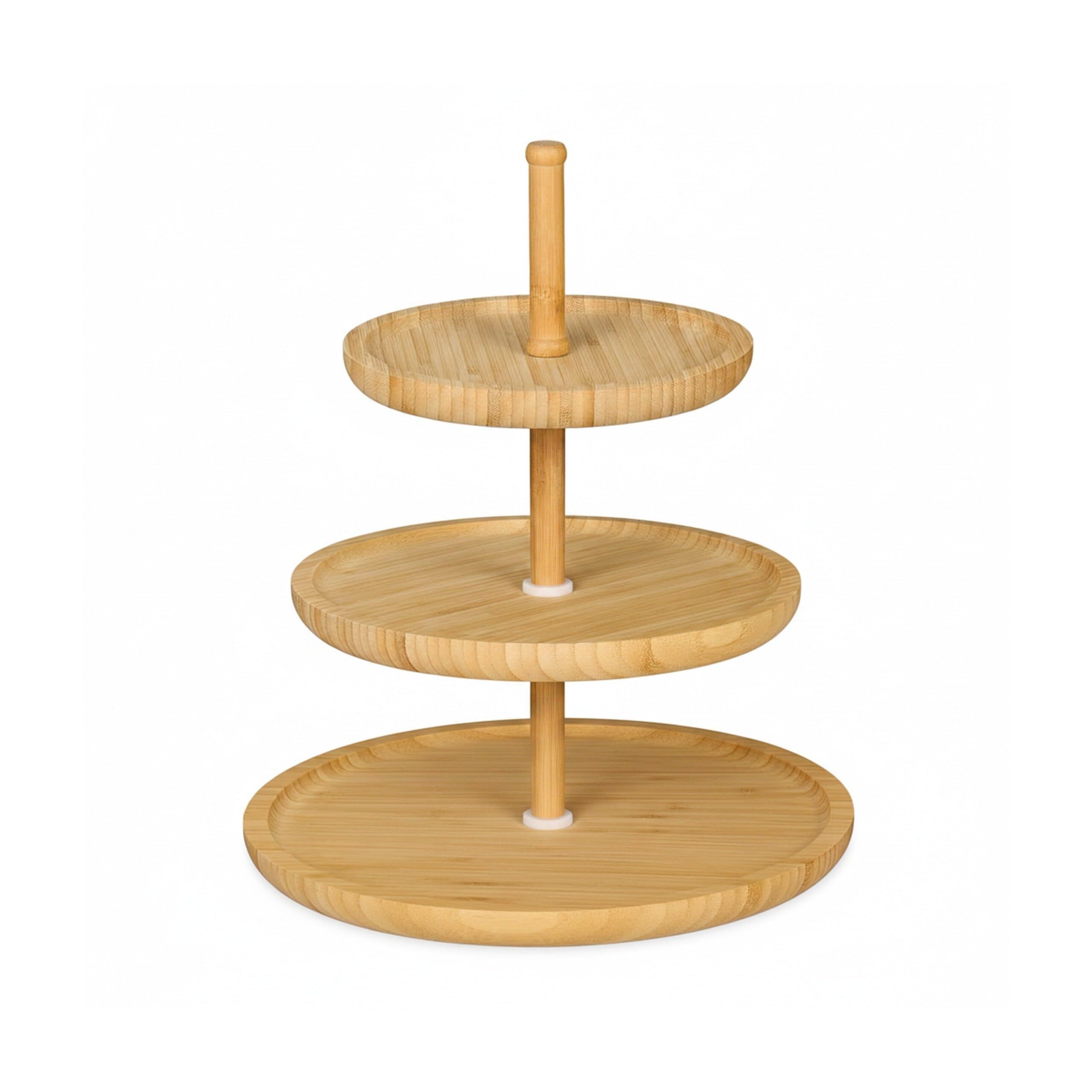 Relaxdays Bambusowy Etagere: 37 cm x 30 cm owoce Etagere drewniane z 3 okrągłymi talerzami na ciasteczka, słodycze, wypieki, przekąski, orzechy i inne, talerz na owoce, taca do serwowania naczyń, naturalny