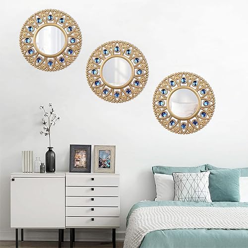 Miniatura 4 de Espejos dorados para decoración de pared espejo redondo pequeño arte de pared decorativo juego de 3 espejos de pared para sala de estar juegos de