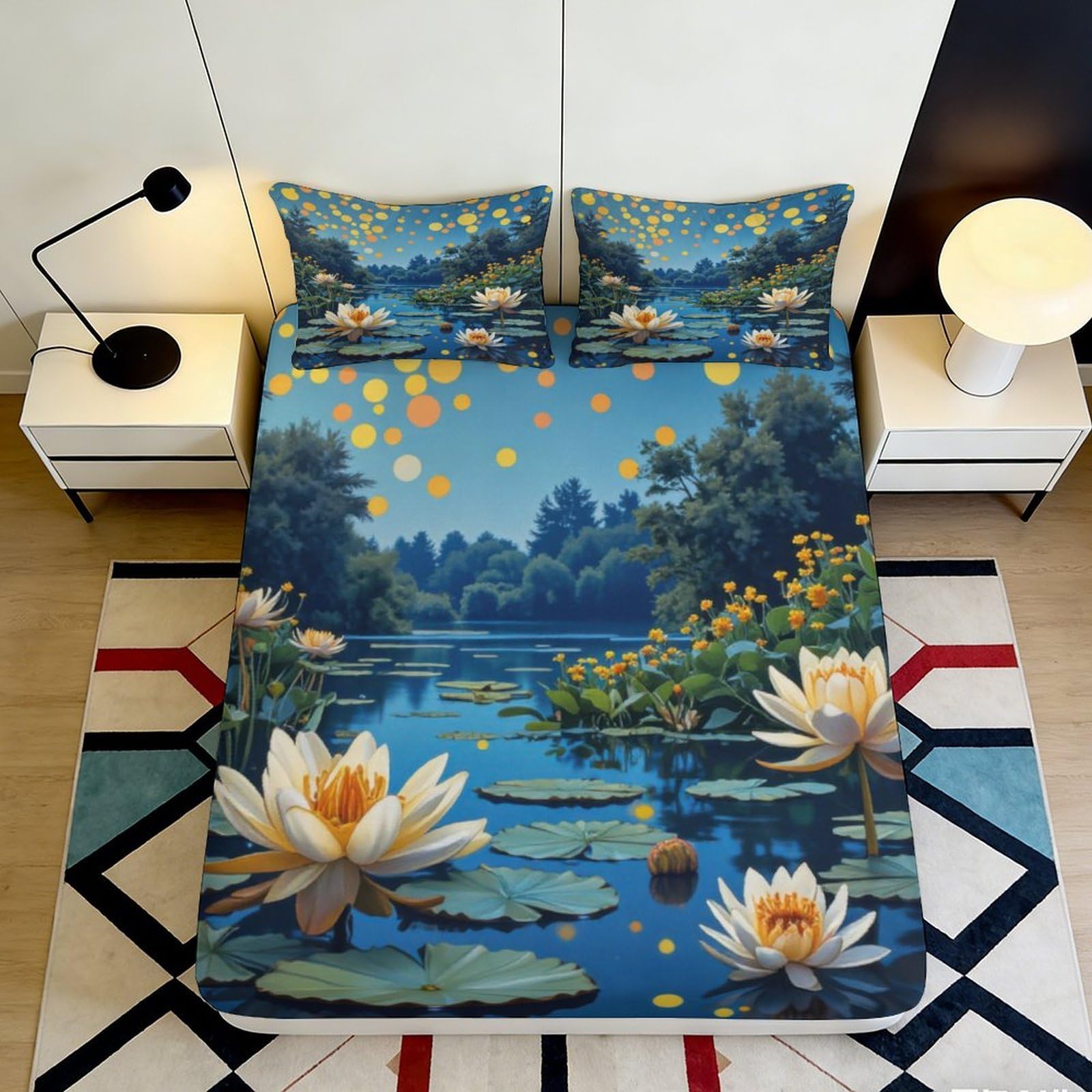 3D Printed Water Lily Pond Fitted Sheet Microfiber Soft Blue Lotus Mattress Cover Bedroom Living Room Decor 90x200x25cm