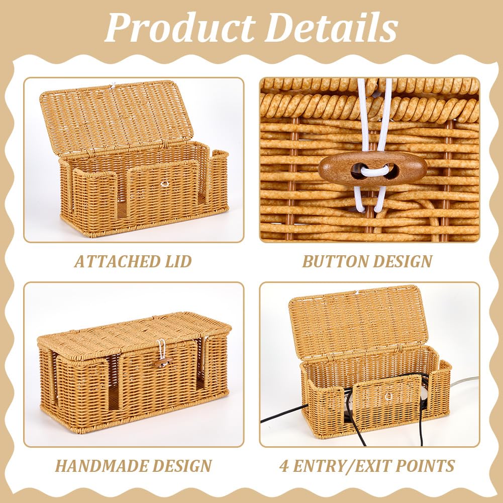 ORIGACH Confezione da 2 scatole portaoggetti in rattan con coperchio, per tenere sotto la scrivania il router, con 2 e 4 uscite, per cavi TV, computer, router, hub USB e presa multipla