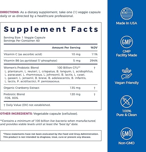 Miniatura 7 de NewRhythm Probióticos para mujeres, P-5-P, vitamina C y arándano orgánico, 100 mil millones de UFC, 18 cepas, probióticos y prebióticos, no necesita