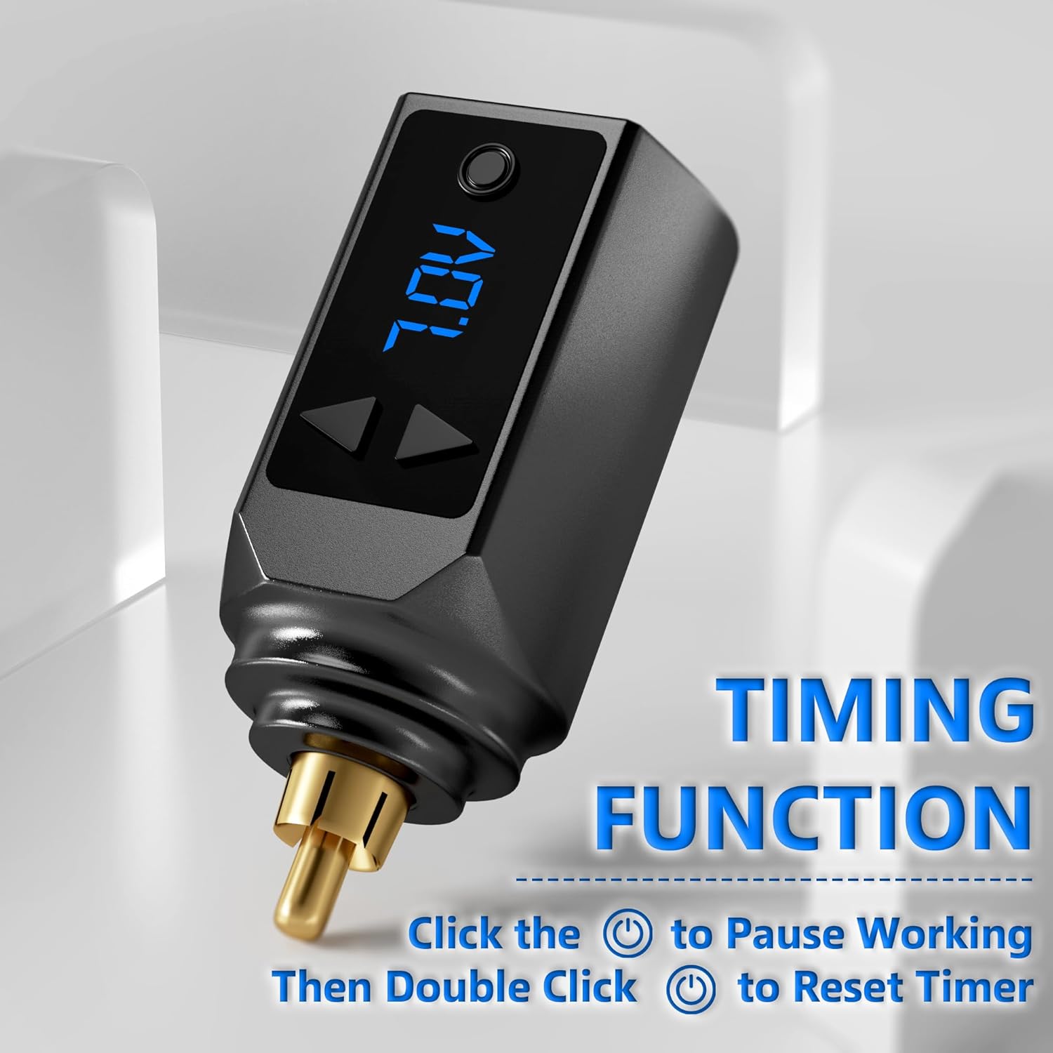 Tattoo battery showing timing function controls: click to pause, double click to reset