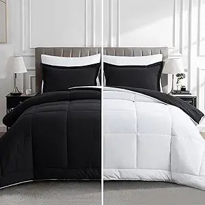 Aisbo Black and White Comforter Set Queen - 3-Pieces Reversible Comforter Set Queen Size Soft and Lightweight, All Season Down Alternative Bed Comforter with 2 Pillow Shams