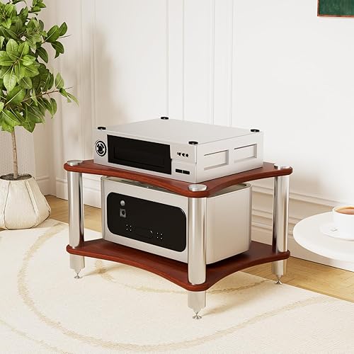 2-Tier AV Media Stand, Stereo Racks and Stands, Audio Equipment Cabinet with Speaker Spikes, Entertainment Device Open Air Storage (Dark Wood, 2-Tier)