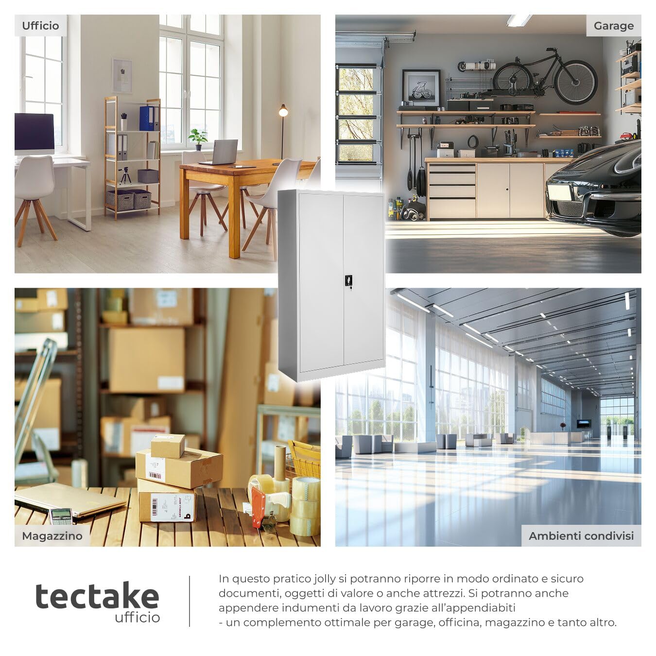 tectake® Armadio Portadocumenti, 6 Scomparti, Asta Appendiabiti, Armadio Multiuso in Acciaio Verniciato, Mobile con Ante Rinforzate, Serratura a Cilindro di Sicurezza, 80 cm - Grigio