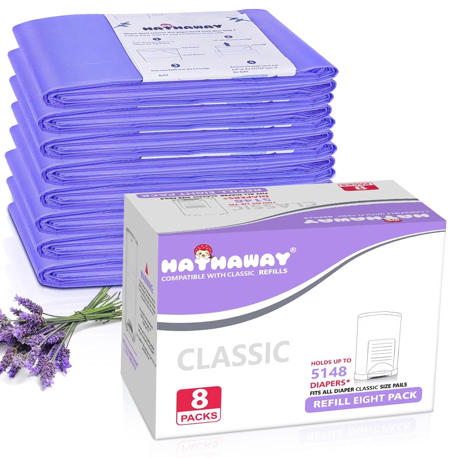 Refills Compatible with Plus Diaper Pail Refills 8 Pack Diaper Pail Liners with Lavender Scent