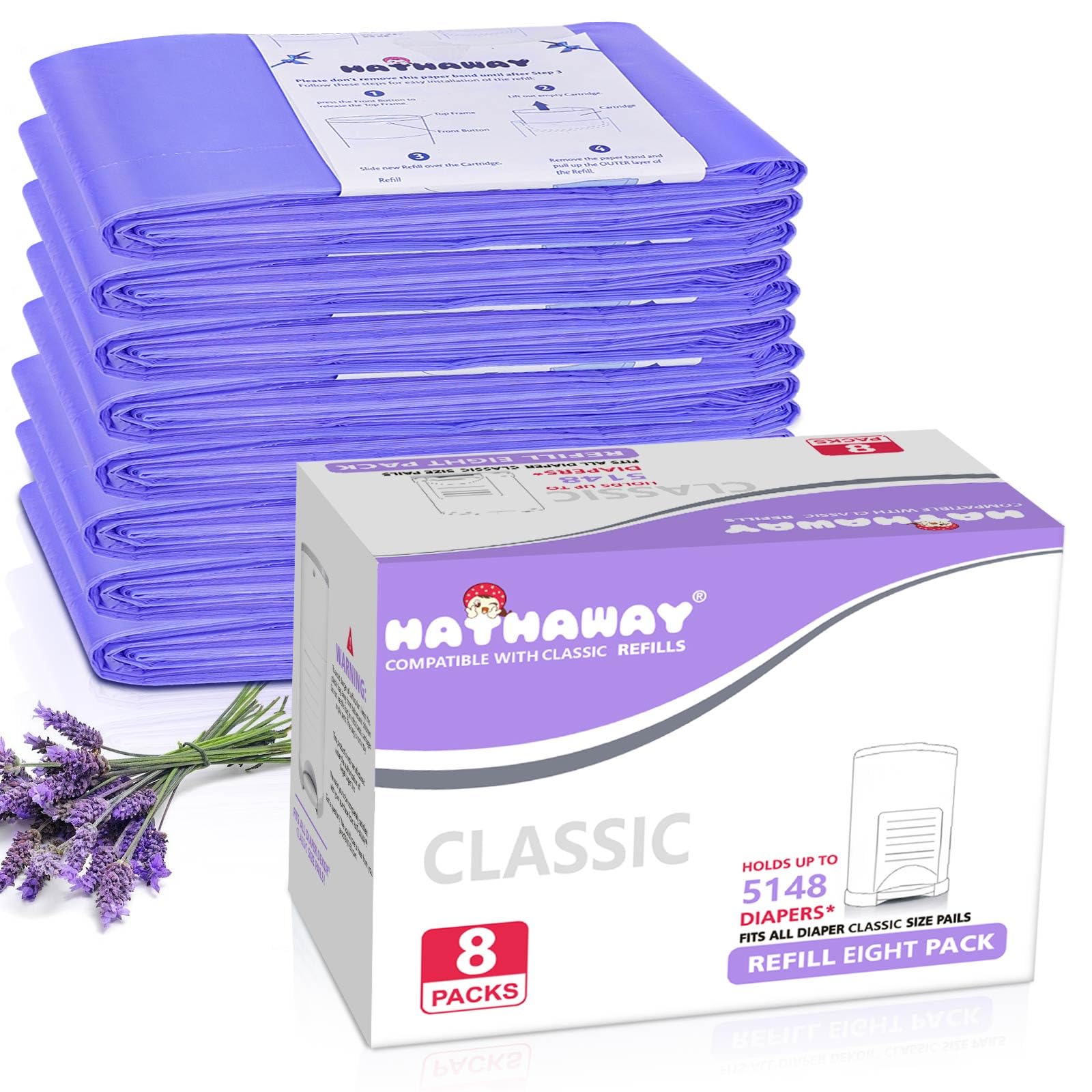 Diaper Pail Refill Bags Compatible with Dekor Classic Diaper Pail, Extra 30% Length, Hold up to 5148 Diapers, Lavender Scent, 8 Pack