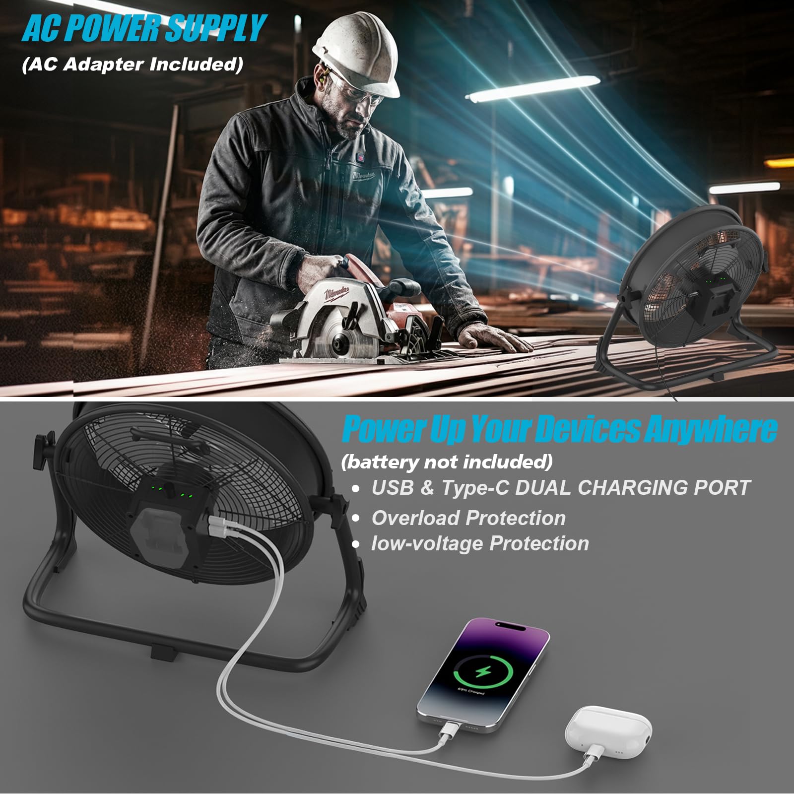 40CM Ventilador de Suelo Industrial compatible con Batería Ma-kita/ Adaptador de CA Ventilador de pie Portatil Aspas de Aluminio Regulación Continua de la Velocidad Inclinación Ajustable(Sin Batería)