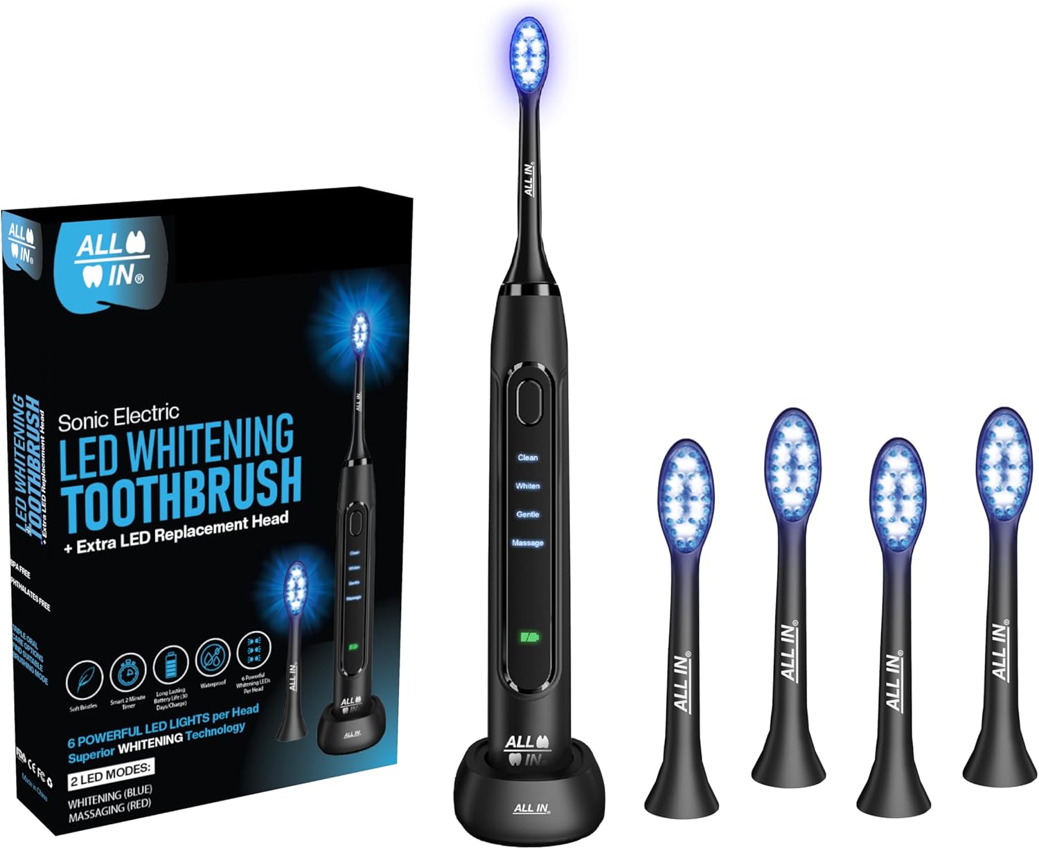 ALL IN Sonic Electric Toothbrush and Replacement Heads - Complete Toothbrush Kit - Blue + Red LED Light Therapy, Rechargeable Whitening Toothbrush for Adults, 4 Modes, 2-Minute Timer, BPA Free
