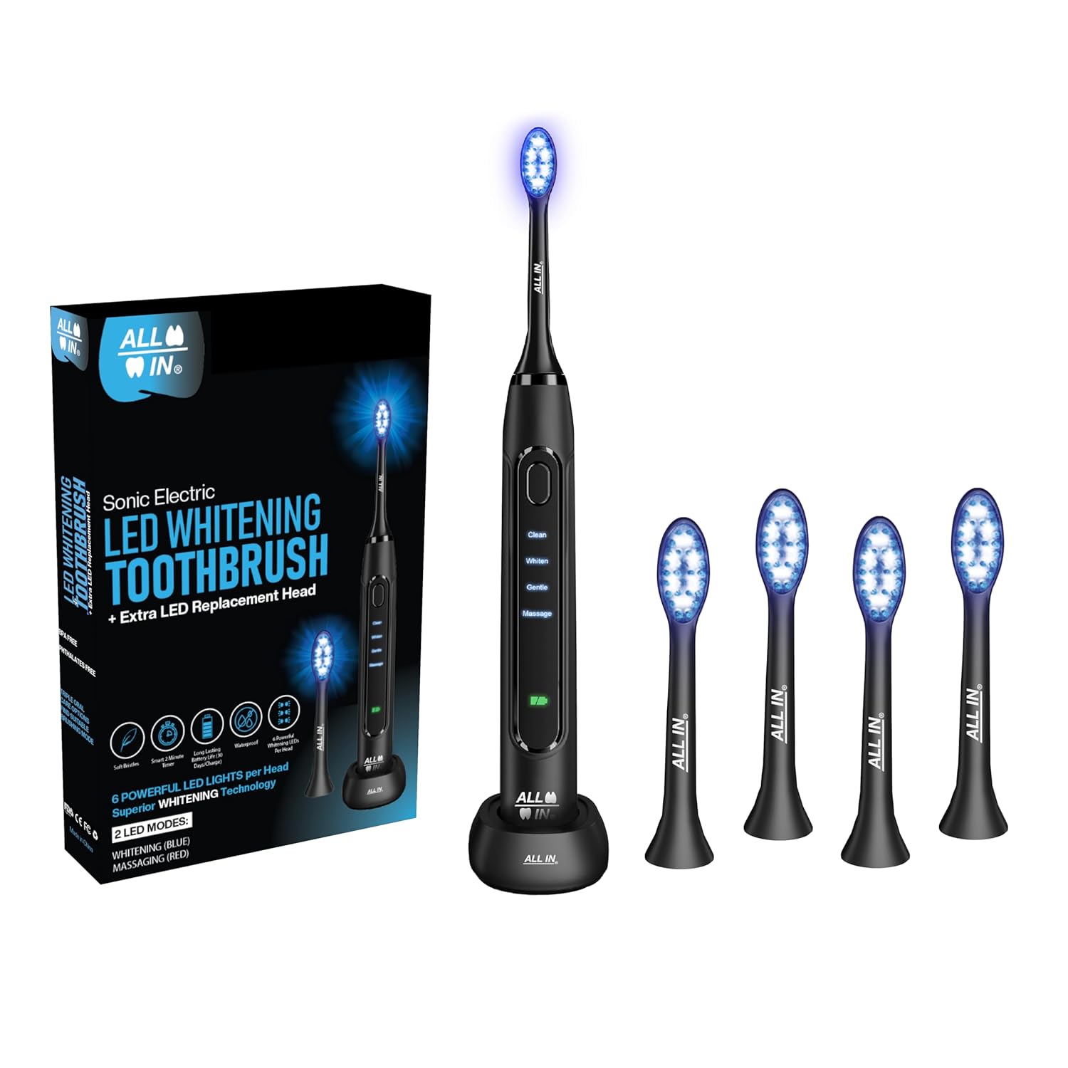 ALL IN Sonic LED Whitening Toothbrush and Replacement Heads Full Set - Blue RED LED Light Technology -