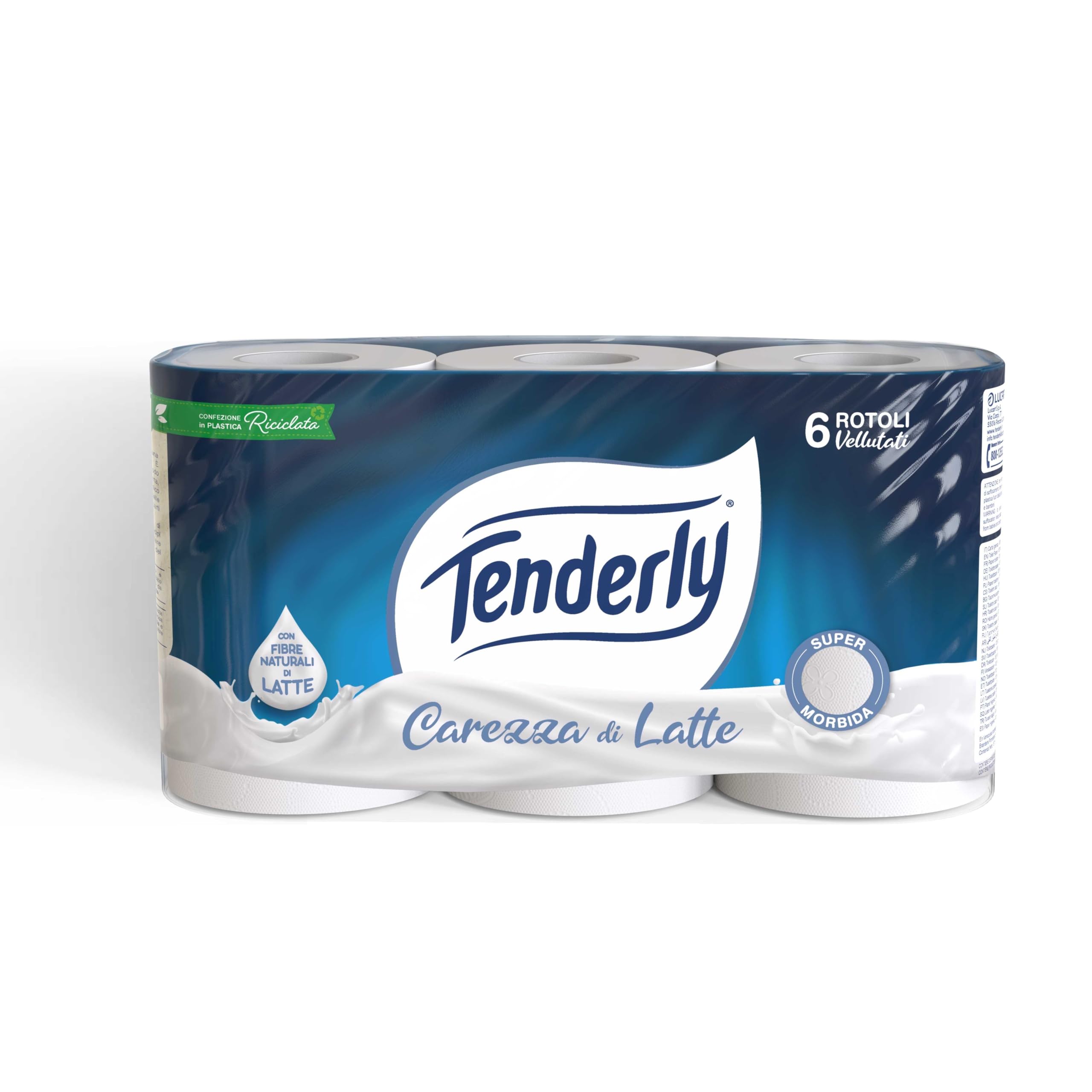 Tenderly Carezza di Latte, 6 Rotoli di Carta Igienica Morbidissima 2 Veli, 250* Strappi per Rotolo, Realizzata con Fibre 100% Naturali di Latte, Made in Italy