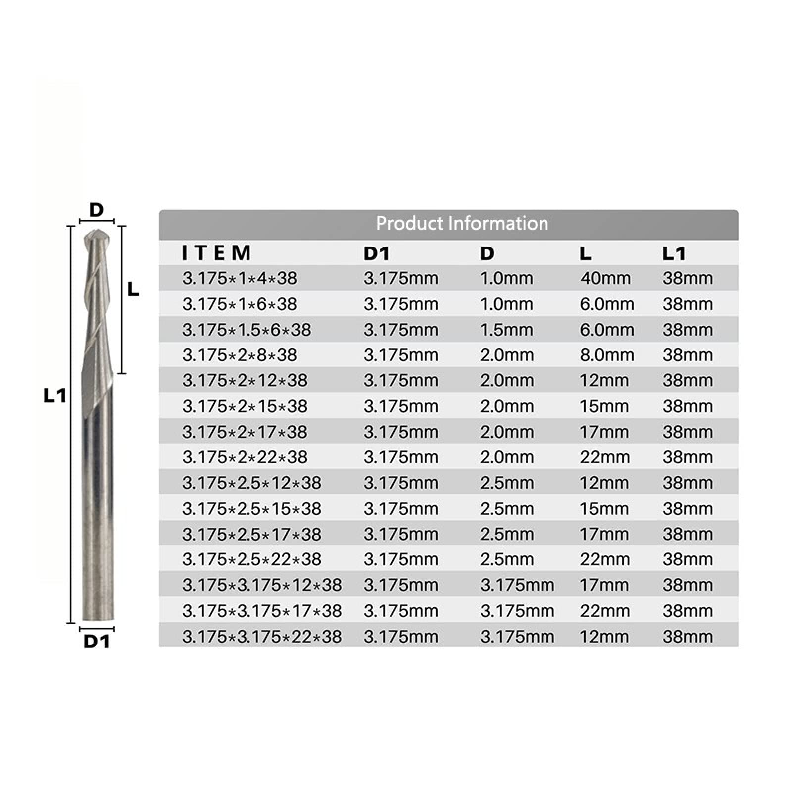 3.175mm Shank Ball Nose End Mill 2Flute Spiral Router Bits 10pcs,1.0x3.175x6mm